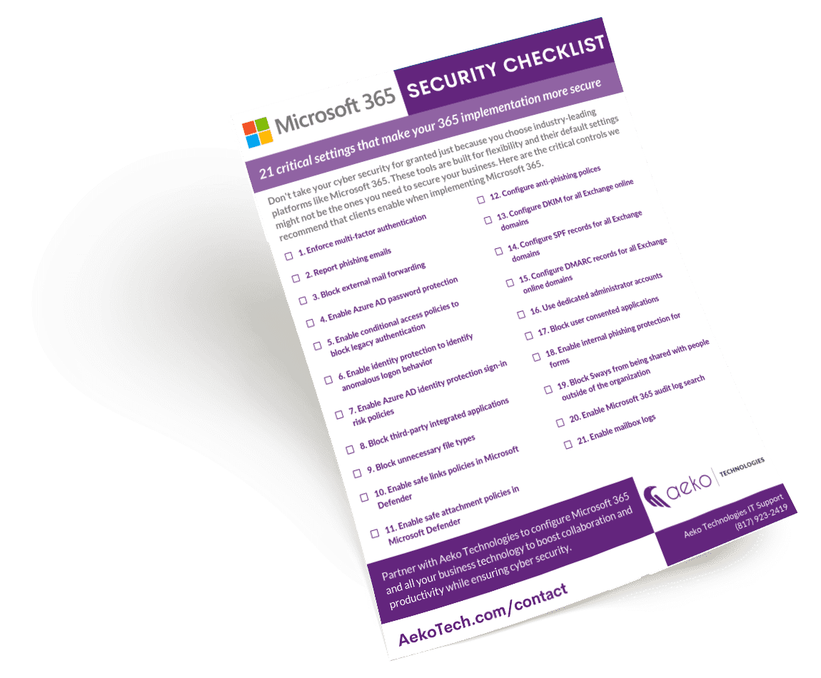 Aeko Microsoft 365 Security Checklist promo - Business IT Support